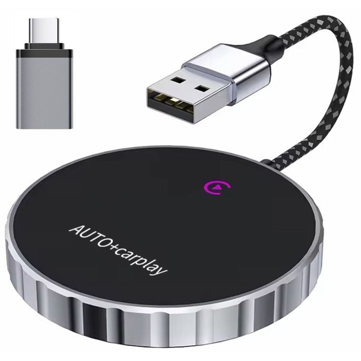 goBERA® 2 в 1 безжичен адаптер за кола, съвместим с IOS 10+ и Android 11+, Apple CarPlay и Android Auto Module, WiFi 5 Ghz, AI процесор, гласово управление, лесна конфигурация Plug and Play, USB-A/C връзка, черен