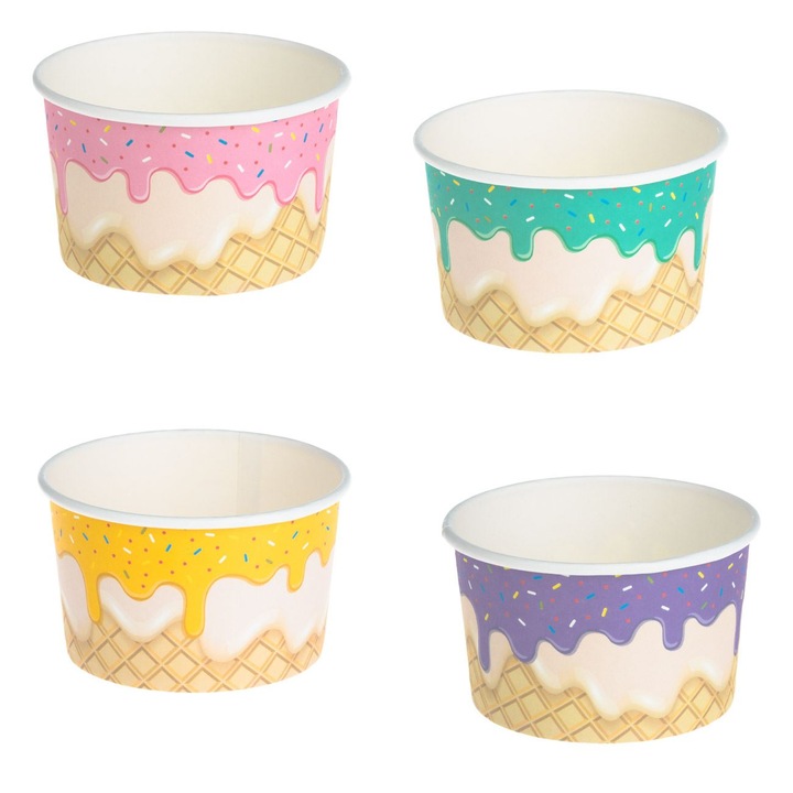 Комплект 25 картонени купички Shopiens® за сладолед в различни цветове с шарка, 150 мл