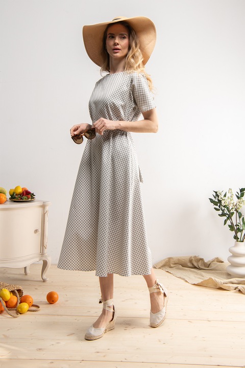 Couture de Marie, Rochie evazata cu model cu buline Calliope, Maro taupe deschis/Alb murdar, XL