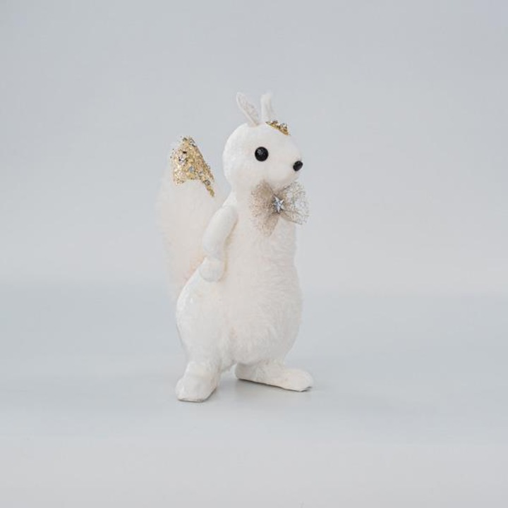 Figurina Craciun EUROLAMP, veverita cu puf, alb cu auriu, 15x14x27cm