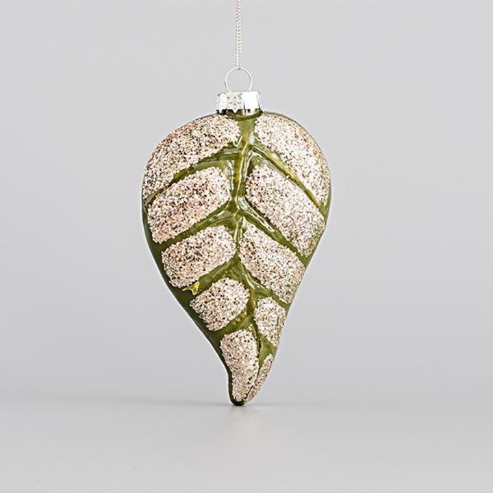 Set 4 bucati decorativ EUROLAMP, frunza, verde cu glitter, 7x2.6x11.5cm