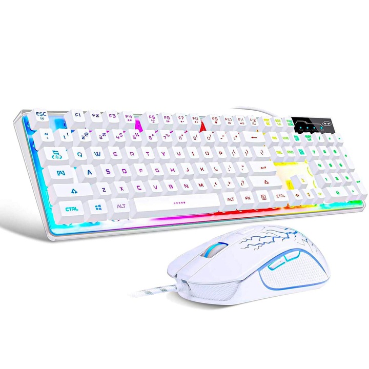 Kit Tastatura si Mouse Gaming RGB cu Fir, 104 Taste Iluminate, 7 Culori si Moduri de Lumina, Design Ergonomic, Baza Metalica, Set 2 in 1, Alb, Ideal pentru PC, Laptop, Birou sau Gaming