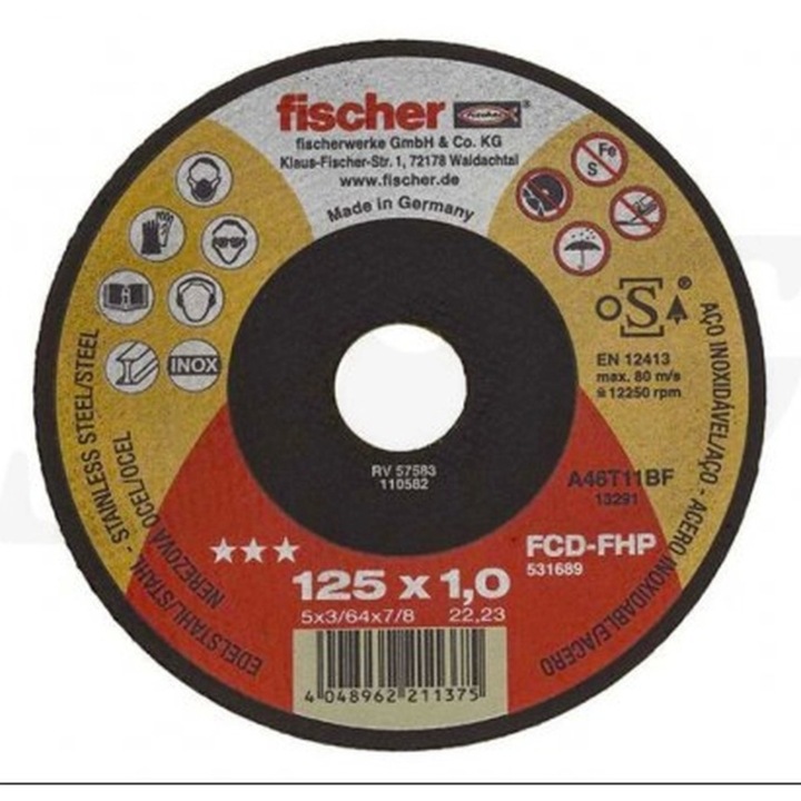 Disc de polizat si slefuit Fischer, 125x1x22.23mm, pentru inox