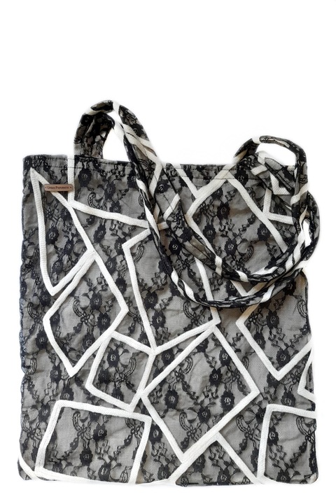 Sacosa textila, Urban Papornita, dantela negru/alb, 34x38 cm