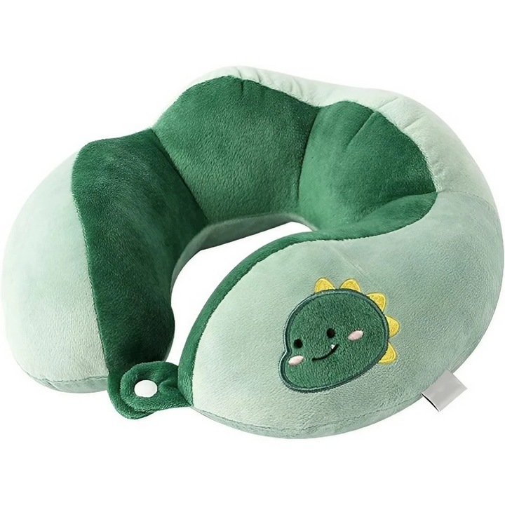 Perna calatorie pentru copii, pentru masina/avion, din Bumbac, 28 cm, Model Dinozaur, Verde, Avaleea