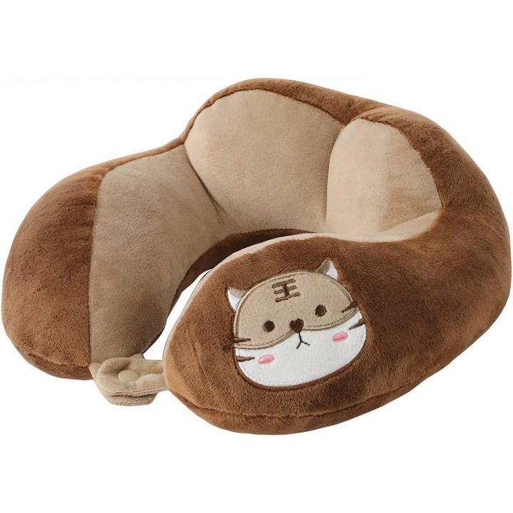 Perna calatorie pentru copii, pentru masina/avion, din Bumbac, 28 cm, Model Pisica, Maro, Avaleea