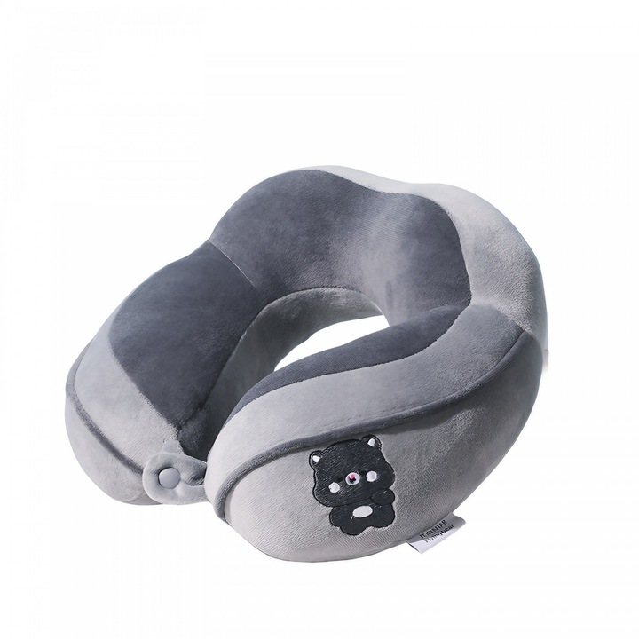 Perna calatorie pentru copii, pentru masina/avion, din Bumbac, 28 cm, Model Urs, Gri, Avaleea