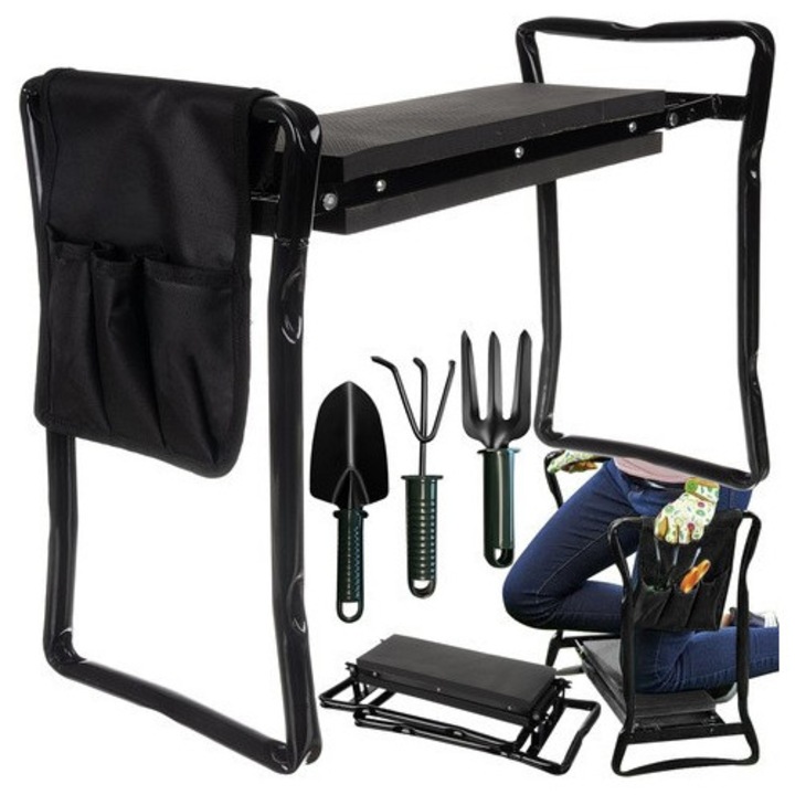 Banca de gradina 2 in 1 cu protectie pentru genunchi, Zola, buzunar depozitare, pliabila, fier si oxford 600D, 60 x 50 x 27 cm
