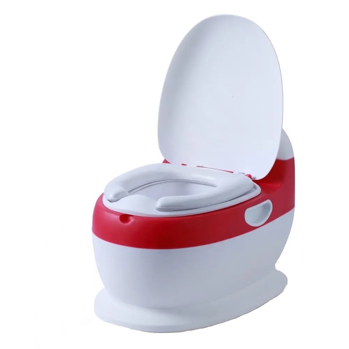 Olita pentru copii Little Mom Red Toilet, model educativ si muzical, cu design realist, colac moale din spuma PU, capac rabatabil si vas colector detasabil, dimensiune 40 x 28 x 30 cm