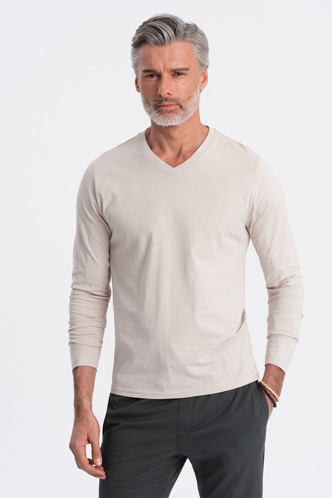 OMBRE, Bluza din bumbac cu decolteu in V, Bej deschis