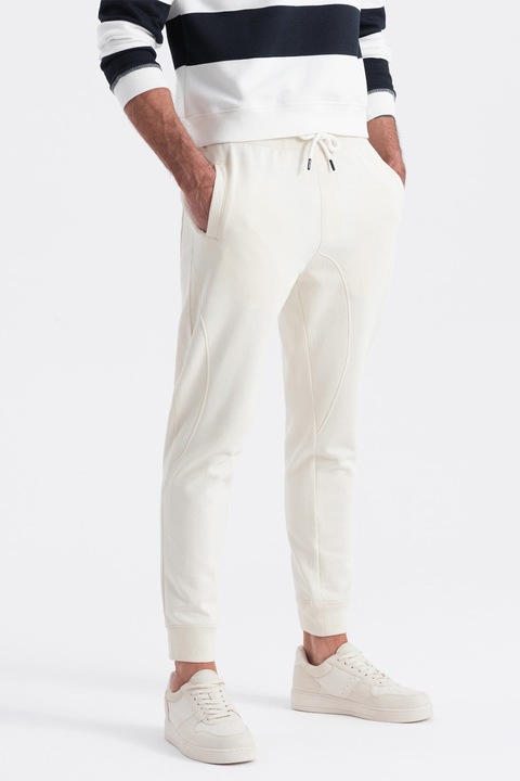 OMBRE, Pantaloni de trening cu croiala conica si snur de ajustare, Alb murdar, S
