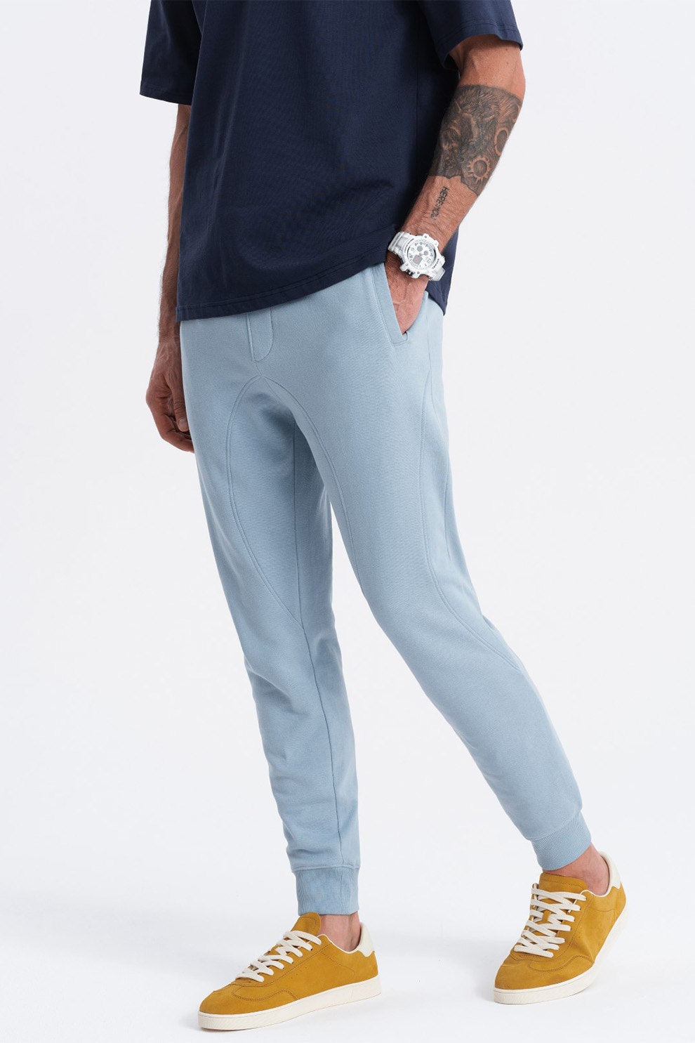 OMBRE, Pantaloni de trening cu croiala conica si snur de ajustare, Albastru lavanda, XL