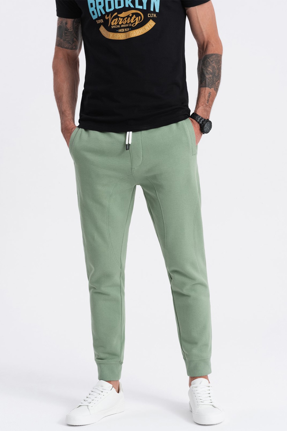 OMBRE, Pantaloni de trening cu croiala conica si snur de ajustare, Verde feriga, XL