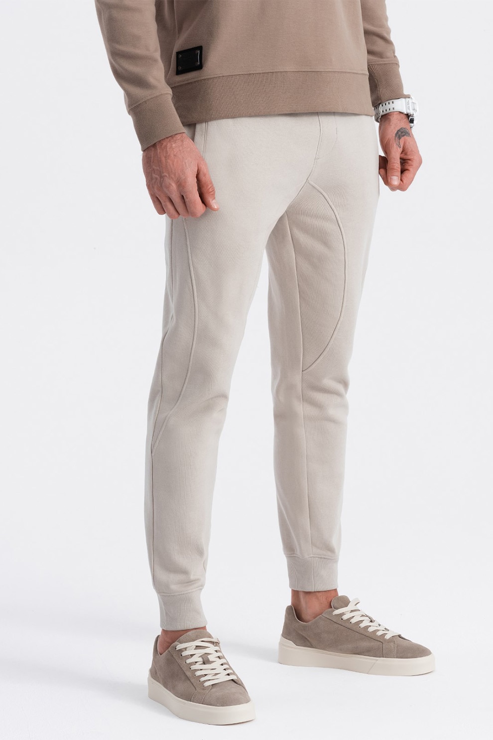 OMBRE, Pantaloni de trening cu croiala conica si snur de ajustare, Grej, M