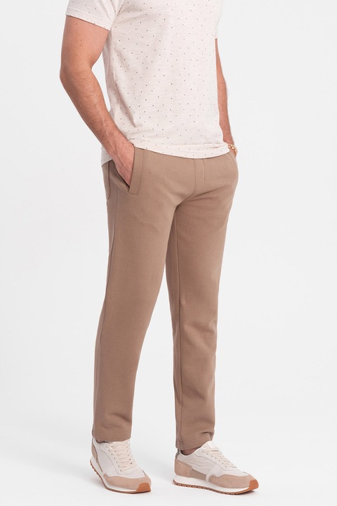 OMBRE, Pantaloni de trening slim fit cu buzunare laterale, Maro camel
