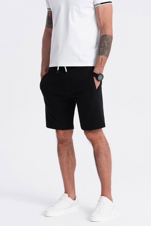 OMBRE, Állítható derekú pamut rövidnadrág, Fekete