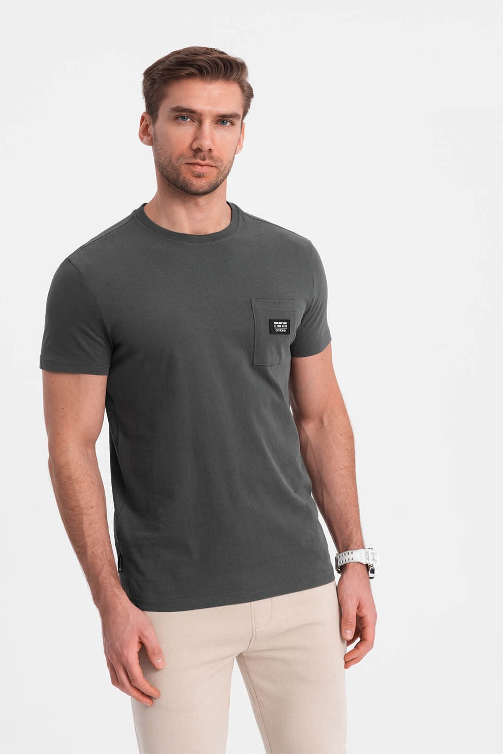 OMBRE, Tricou cu decolteu la baza gatului si buzunar pe piept, Gri inchis, XL
