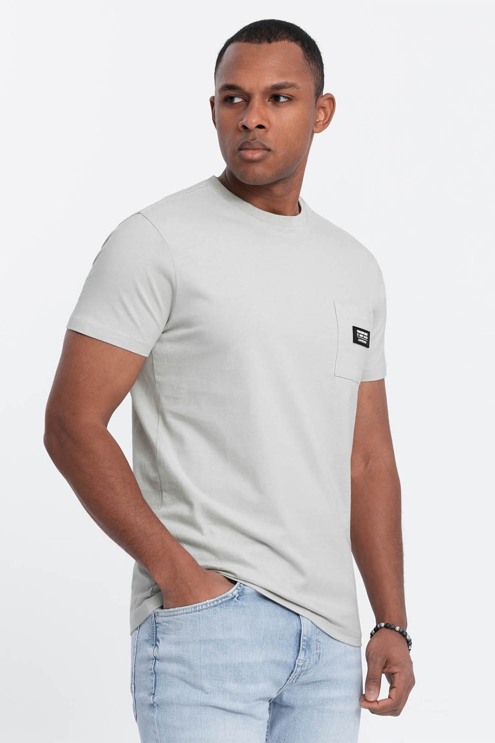 OMBRE, Tricou cu decolteu la baza gatului si buzunar pe piept, Gri deschis, M