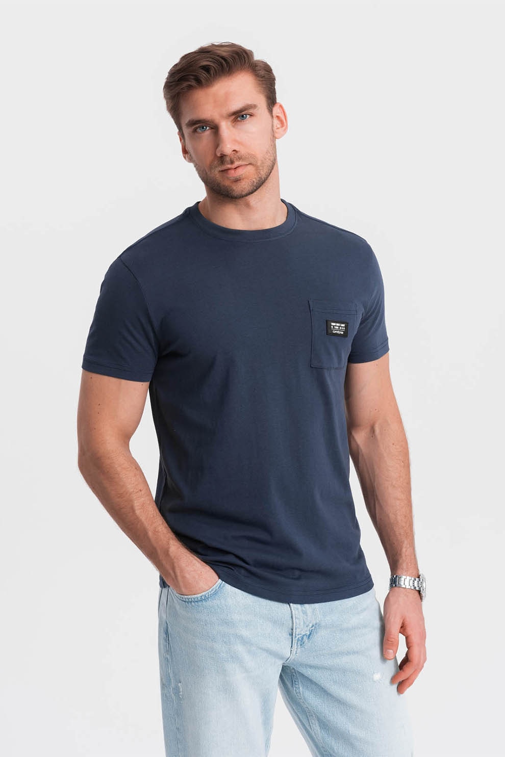 OMBRE, Tricou cu decolteu la baza gatului si buzunar pe piept, Bleumarin, 2XL