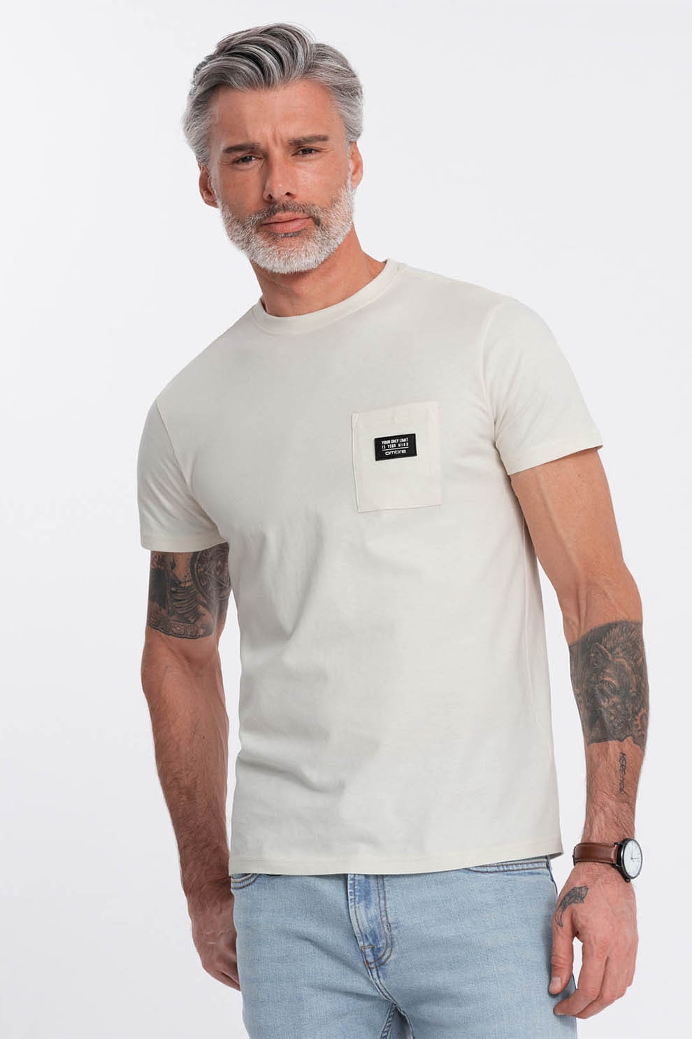 OMBRE, Tricou cu decolteu la baza gatului si buzunar pe piept, Alb fildes, M