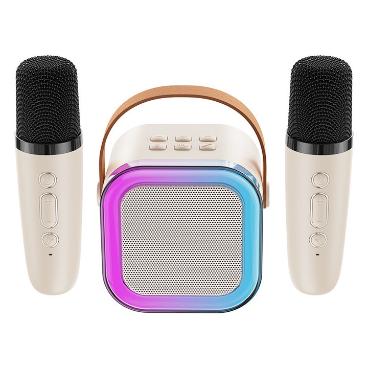 Set karaoke wireless, difuzor bluetooth, 2 microfoane, 5W, plastic, bej, 16.6×15.5×8 cm