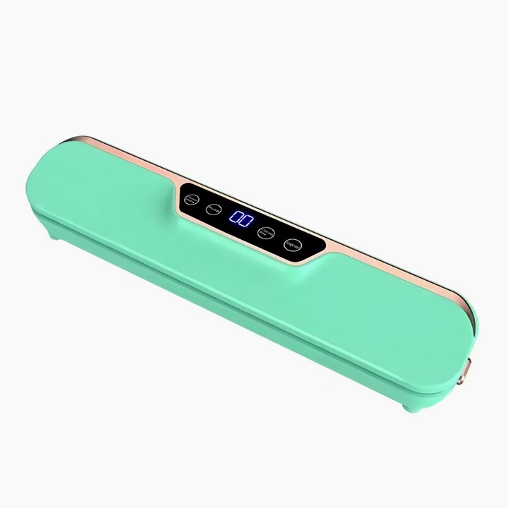 Aparat de vidat si sigilat alimente, 120 W, 33 cm x 6 cm, bara de lipire de 25 cm, Functii pentru vidare umeda si uscata, Ecran LED, Display Digital, include 10 pungi, Design compact, Verde Turcoaz
