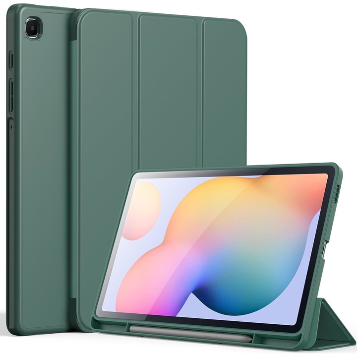 Samsung Galaxy Tab S6 Lite 10,4 hüvelykes 2024 / 2022 / 2020 Soft Shell tok ébresztő/alvó funkcióval és rekesszel az S-Pen állványhoz, sötétzöld