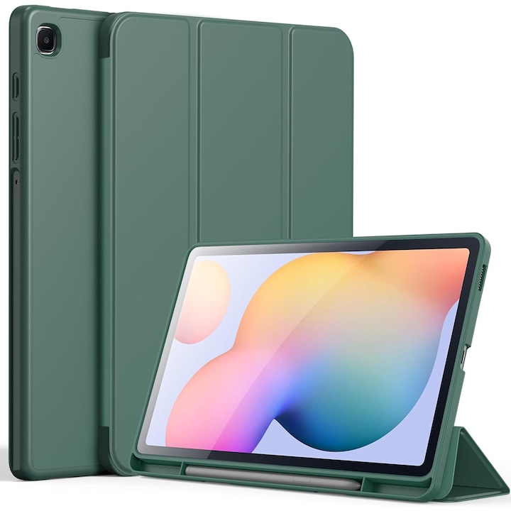 Husa pentru Samsung Galaxy Tab S6 Lite 10.4 inch 2024 / 2022 / 2020 Soft Shell cu functie wake-up/sleep si compartiment pentru S-Pen tip stand verde inchis