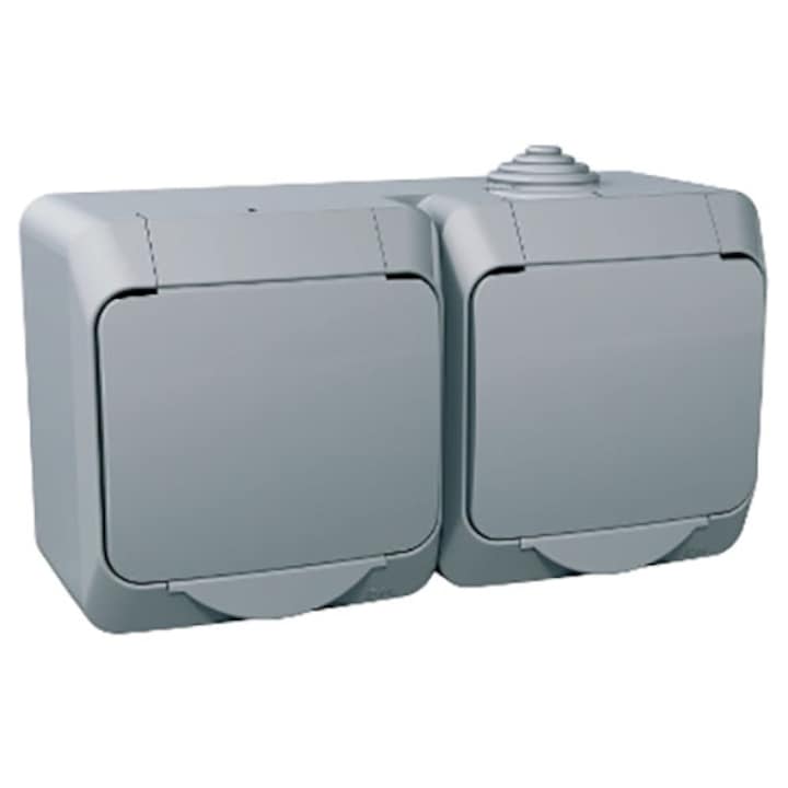 Priza dubla cu impamantare Schneider Cedar Plus WDE000623, IP44 gri, montaj aplicat orizontal