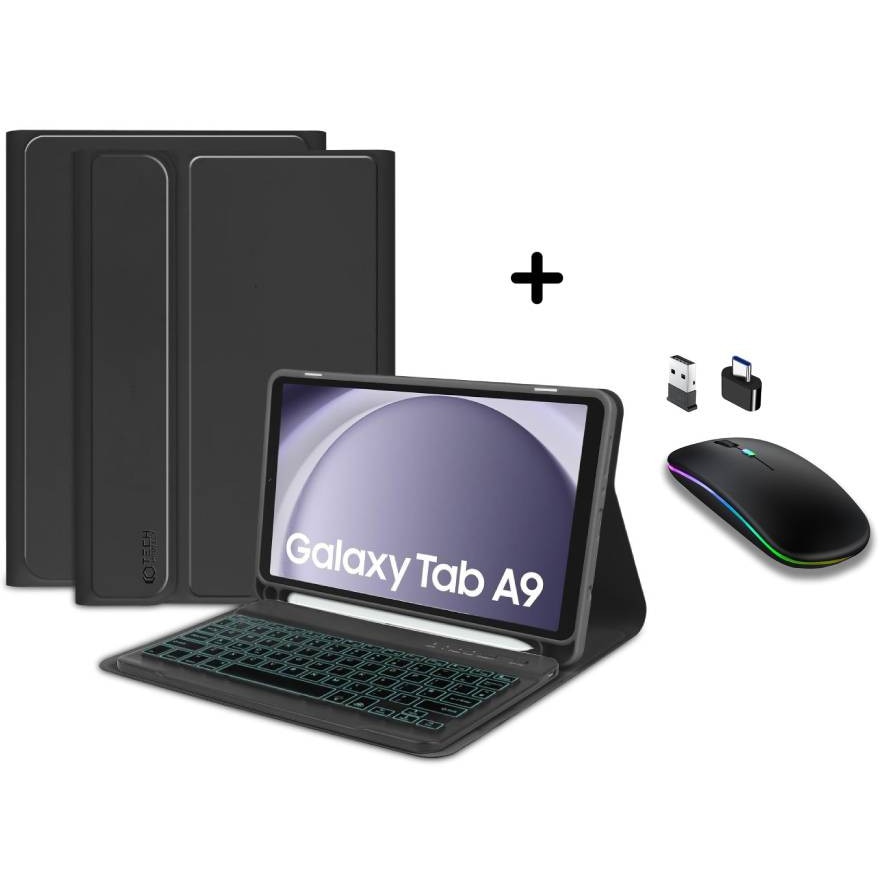 Husa cu tastatura iluminata detasabila pentru Samsung Galaxy Tab A11 / A9 8.7 inch si mouse wireless RGB iluminat LED negru