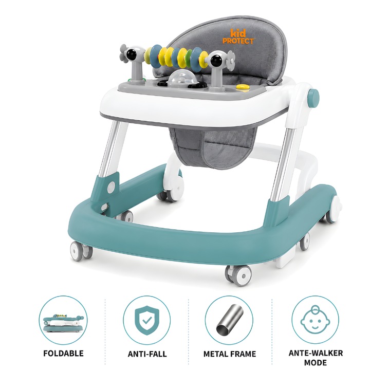 Premergator Copii 2 in 1 Reglabil 6 Trepte KidProtect® Little Helper, Pliabil, Suport cu Perna, Anti Cadere, Cadru Metalic, Roti 360 Grade, Mod Antemergator, Masuta Mancare, Tavita Jucarii cu Sunete, Vernil