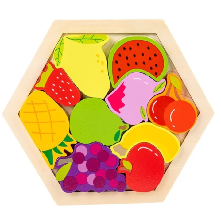 Gyerek puzzle, Fa, Gyümölcsmintás, Többszínű