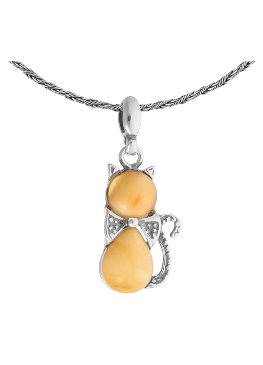 Colier Siju, pandantiv pisica, argint, chihlimbar, 70 cm