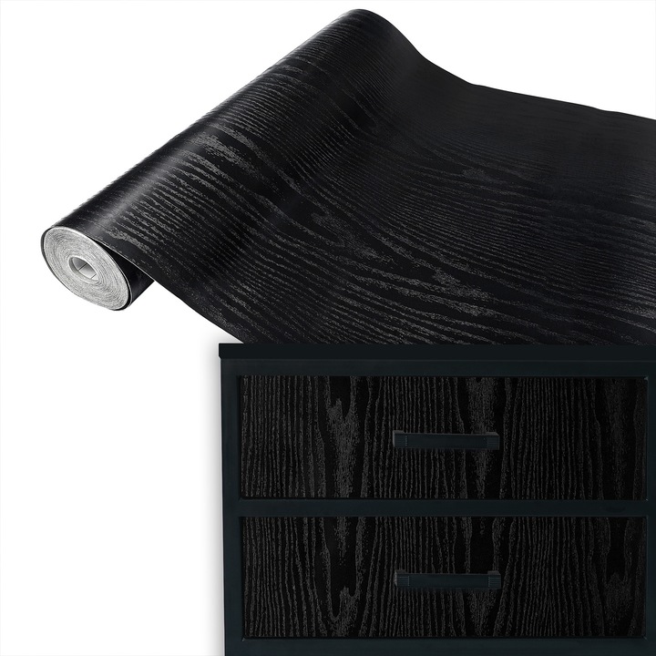 Folie autoadeziva mobila furnir, vanzare la metru, 90 x 100 cm, DecoMeister®, Model Lemn Negru Mat, U031-090-0100