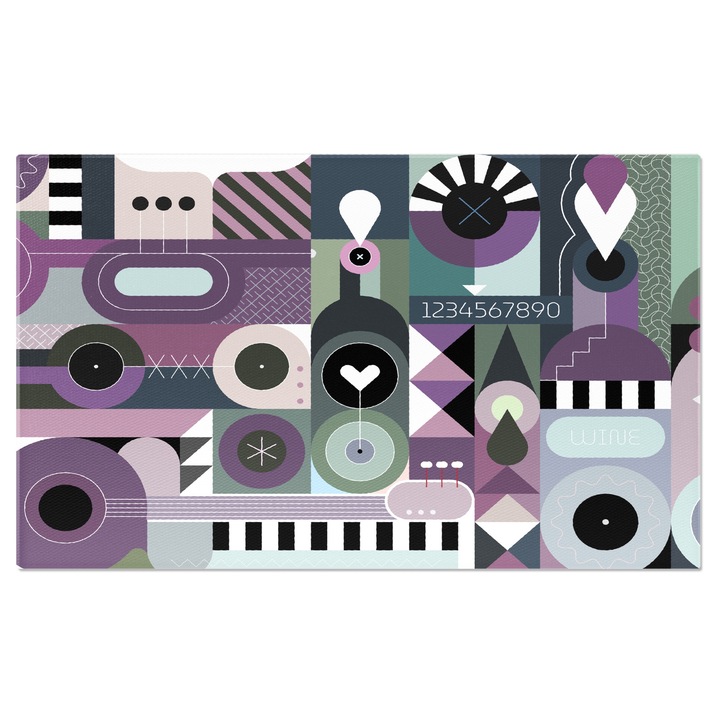 Tablou Canvas: Desen tip poster clape de pian si inimi- Discuri vinil mov cu albastru 40x25CM