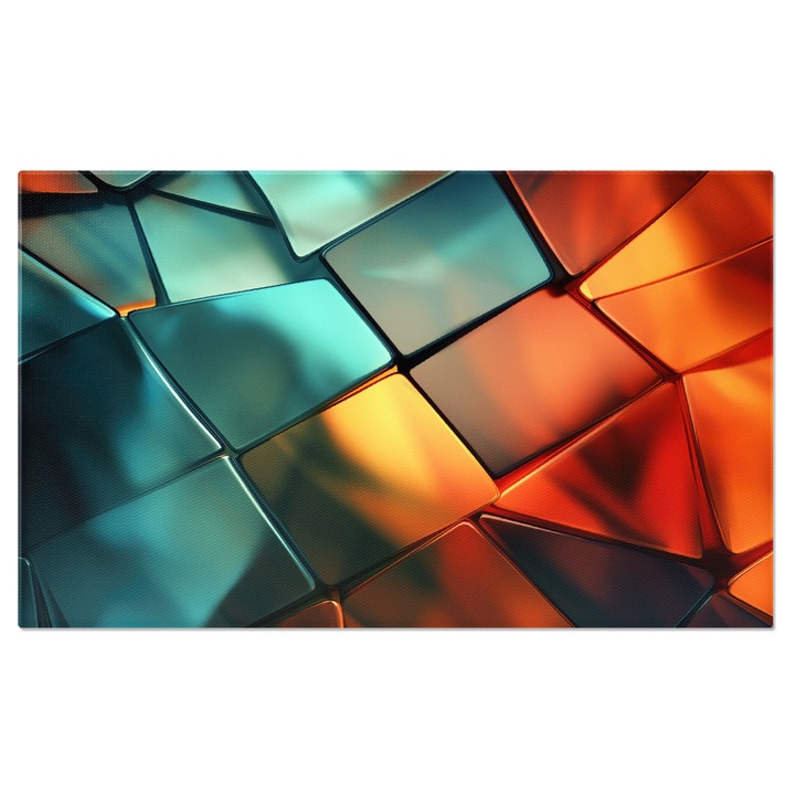 Картина на платно: Метал в геометрични фигури - Синьо, златно и червено в квадрати и триъгълници 140x90CM