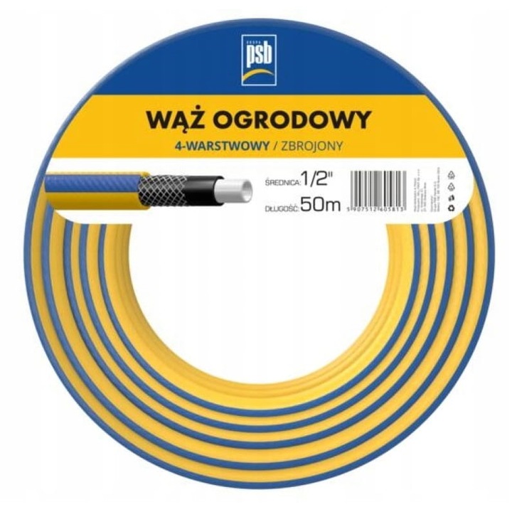 Furtun de gradina, Cellfast, 4 straturi, 50m, rezistent la UV si temperaturi, 1/2", galben/albastru