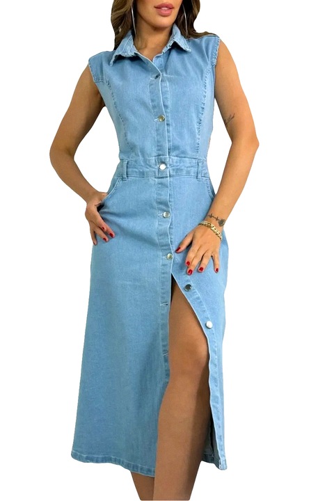 Сарафан със странични перфорации, Thomas, от еластичен деним, Светлосин