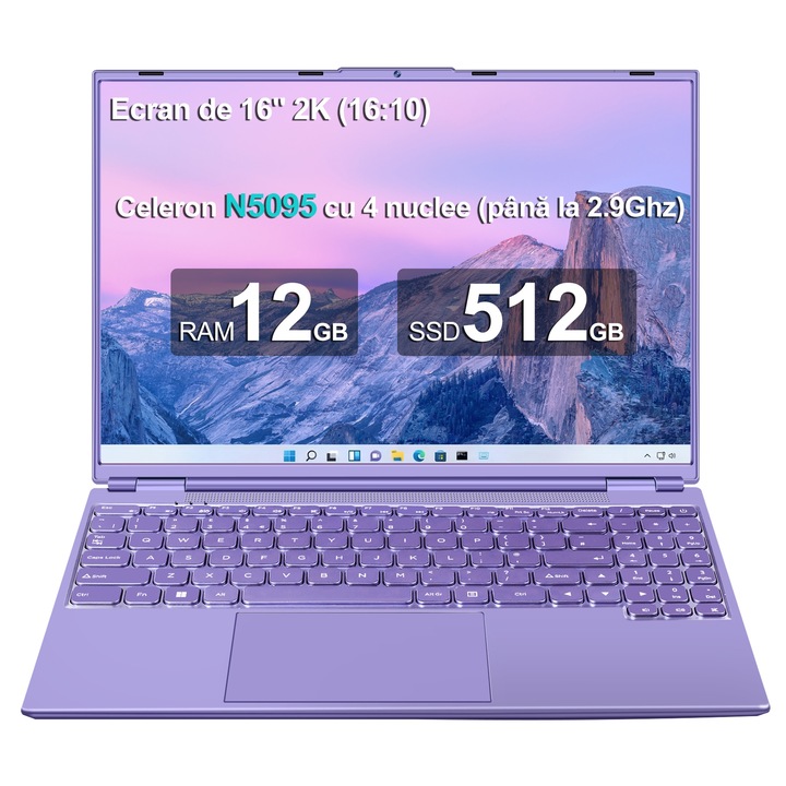 Aocwei A6 16 hüvelykes laptop 12+512GB Celeron N5095 négymagos Win 11 hűtőventillátorral 2K képernyő Dual WiFi támogatás 2,5 hüvelykes HDD 1TB SSD bővítő-lila