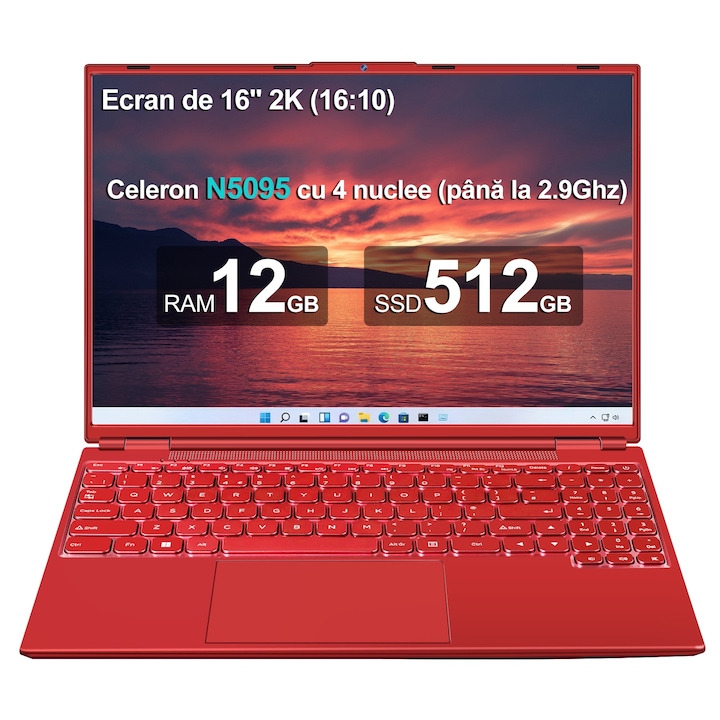 Aocwei A6 Laptop de 16 inchi 12+512 GB Celeron N5095 4 nuclee, Win 11, cu ventilator de racire, ecran 2K, WiFi dual, suport HDD de 2, 5 inchi 1TB SSD Extindere-Rosu