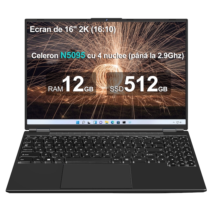 Aocwei A6 Laptop de 16 inchi 12+512 GB Celeron N5095 4 nuclee, Win 11, cu ventilator de racire, ecran 2K, WiFi dual, suport HDD de 2, 5 inchi 1TB SSD Extindere-Negru