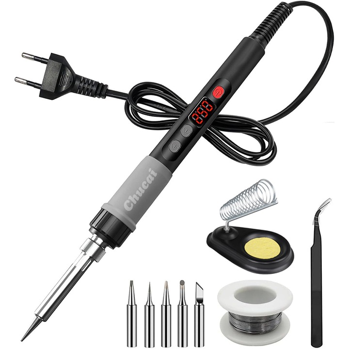 Set pistol de lipit portabil, Chucai,90 W, lipire componente electronice cu 5 capete de lipit, Control inteligent al temperaturii, display LED, Incalzire rapida 15S si disipare eficienta a caldurii
