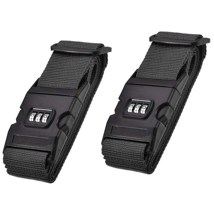 Curele pentru bagaje, Chucai, cu lacat cifru, ajustabile, fereastra eticheta, set 2 buc, 5x200cm, negru