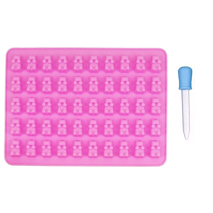 Комплект силиконови форми за 50 домашно приготвени шоколадови бонбони, бонбони, желета или кубчета лед, таблетка във формата на малко мече, с 1 пипета, 18,7 x 13,7 x 1 см, розово