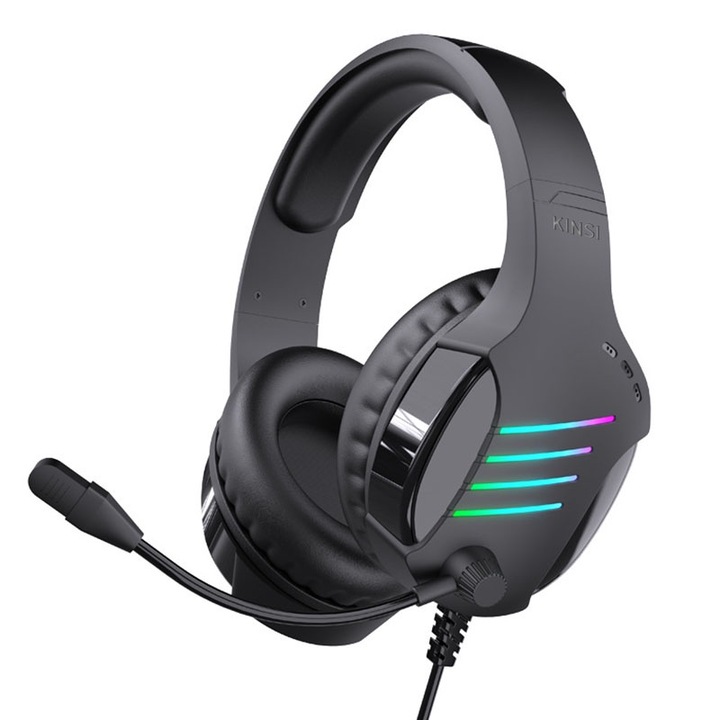 Слушалки за игри, KINSI, Подвижен микрофон, RGB светлина, Virtual surround HD, Черен