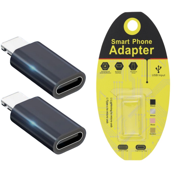 Комплект от 2 адаптера Lightning към USB Type-C Plug, съвместим с iPhone, 2.4A, enkourakoko®, алуминиев корпус, черен
