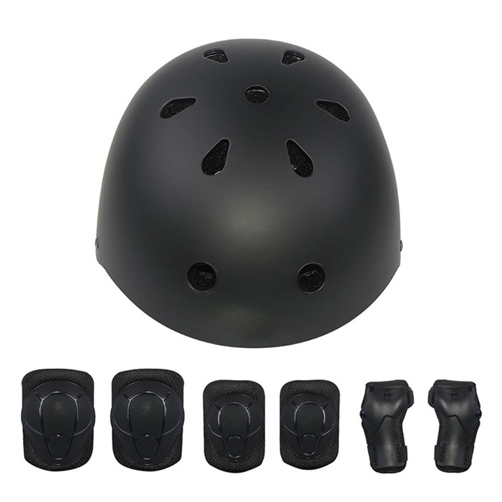 Детски предпазен комплект, Darklove, Каска с регулируем размер, наколенки и налакътници, 7 бр., Леки, Издръжливи, Дишащи, Унисекс, Водоустойчиви, 9-15 години, За ролкови кънки, велосипеди, скейтборд и колоездене, Черни, ABS