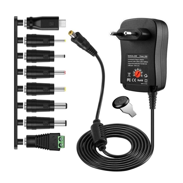 Alimentator Stabilizat Reglabil, REDKID®, 30 W, 3V-12V, 8 porturi adaptor multi-tensiune, AC to DC, pentru routere cu banda LED Camere CCTV TV Box WLAN, Negru