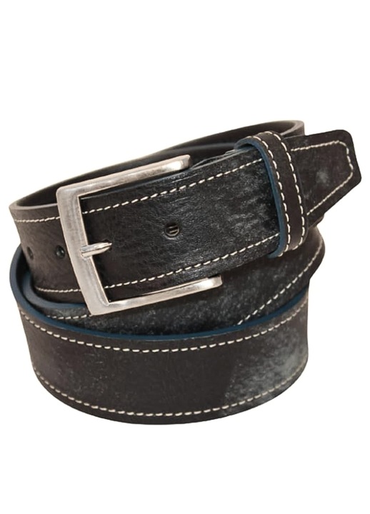 Természetes bőr öv, OLASZORSZÁG, Unisex, kék varrott éllel, kézzel készített, 4 cm széles, 115 cm, Fekete és szürke