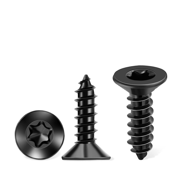 Suruburi Auto-filetante M4 X 10mm pentru Lemn, Cap Inecat, Amprenta Torx cu T20 Inclus, Filet Complet, Inox A2 cu Acoperire Neagra pentru Rezistenta Imbunatatita la Coroziune - Set de 100, Ideal pentru Interior si Exterior, DIY si Tamplarie Profesionala